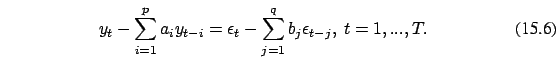 \begin{eqnarray}
y_t-\sum_{i=1}^p a_i y_{t-i}= \epsilon_t - \sum_{j=1}^q b_j
\epsilon_{t-j},\ t=1,...,T.
\end{eqnarray}