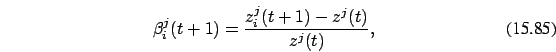 \begin{eqnarray}
\beta_i^j(t+1)=\frac{z_i^j(t+1)-z^j(t)}{z^j(t)},
\end{eqnarray}