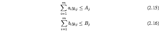 \begin{eqnarray}
\sum_{i=1}^m a_i y_{ij} \le A_{j}
\\
\sum_{i=1}^m b_i y_{ij} \le B_{j}
\end{eqnarray}